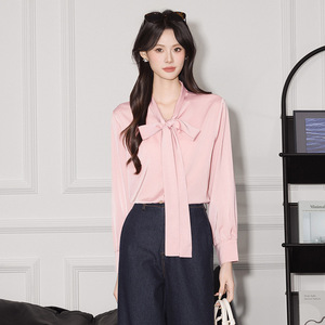 Red V-Neck Long Sleeve Tie Front Shirt For Office Women Solid Color Polyester Blouse Q6266 - Product Image 2