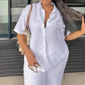 Women's Solid Color Lapel Short Sleeve Shirt Loose Top Long <b>Pants</b> African New 2 Piece Set Fashion - Product Image 4