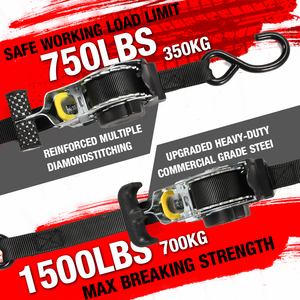 Lot de 2 sangles <span class=keywords><strong>d</strong></span>'<span class=keywords><strong>arrimage</strong></span> à cliquet auto-rétractables robustes de 1 po x 10 pi (1500 lb / 680 kg) pour moto - Product Image 4
