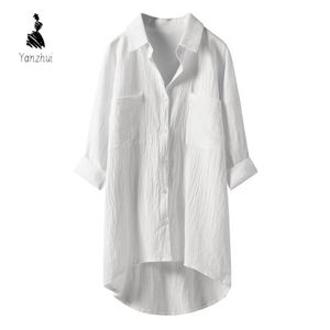 Dames casual effen overhemd van linnen met zakken en lange mouwen - Product Image 1