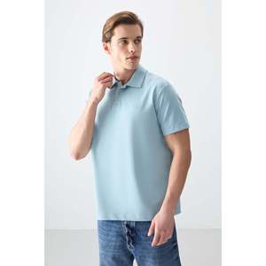 T-shirt basique pour homme en coton bleu clair, épais, doux, texturé, col polo, coupe ample - 88381 - Bleu clair - Product Image 4