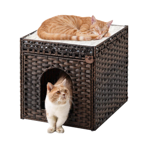 Extra Große Doppel-Katzenhöhle Haustier-Würfel Faltbare Versteckkiste Wohnzimmer Natürlich Handgewebtes Bett - Product Image 1