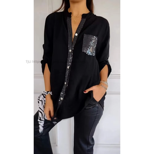 Round Neck Sequin <b>Patchwork</b> Three Quarter Sleeve Women's Solid Color <b>Shirt</b> Blouse Top Fashion - Product Image 3