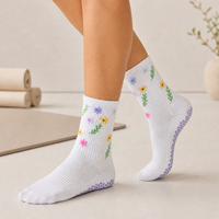 Chaussettes de yoga et de pilates pour femmes, personnalisées avec des fleurs brodées, antidérapantes, écologiques, en coton