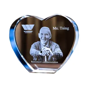 Custom Design Engraved 3D Laser Photo Crystal Heart For Father Family Memory Souvenirs