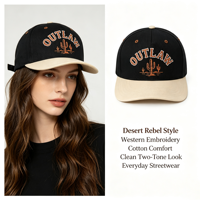 Casquette de baseball western en cuir beige à deux tons avec broderie vintage Cactus du désert et bordure en coton