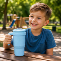 Gobelet isotherme mignon de 14 oz avec poignée et paille en silicone pour l'école et les voyages, tasse à eau en acier inoxydable isolée sous vide anti-fuite pour filles