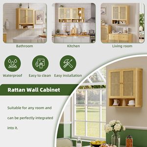 Armoire murale de salle de bains en <span class=keywords><strong>bambou</strong></span>, organisateur de rangement en <span class=keywords><strong>bambou</strong></span> au-dessus des toilettes avec 2 portes en <span class=keywords><strong>rotin</strong></span>, étagère réglable en bois - Product Image 4