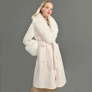 女装羊毛大衣冬季时尚夹克大毛领冬季长款 Trench 羊绒混纺大衣女长款外套羊毛
