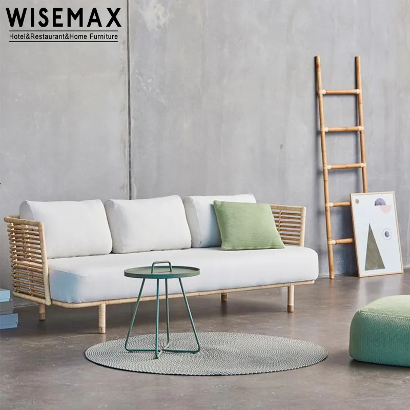 WISEMAX FURNITURE Modern Patio Cane Sofa For Indoor Outdoor Use Fabric Upholstered Rattan Sofa Set Design Living Room Furniture