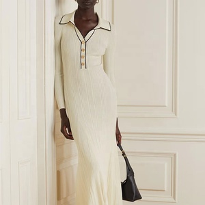 Fabricantes de Prendas de <span class=keywords><strong>Punto</strong></span>, <span class=keywords><strong>Vestido</strong></span> de Suéter de <span class=keywords><strong>Punto</strong></span> Personalizado para Mujer, Color <span class=keywords><strong>Beige</strong></span> a Rayas, Cuello Polo, Manga Larga, Botones Dorados, Estilo Casual - Product Image 2