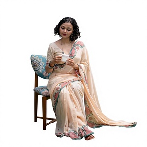 Sari indio elegante y moderno de lino con estampado digital, ideal para bodas y fiestas tradicionales para mujeres. - Product Image 1