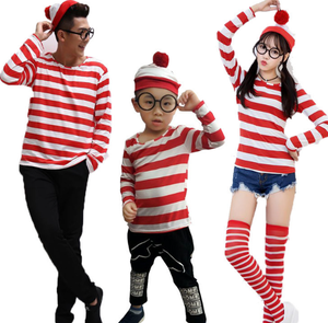 Maglietta a Righe 'Dov'è Waldo' per Ragazzi, Costume Wally con Occhiali, Cappello e Calzini, Costume Cosplay Unisex per Adulti - Product Image 1