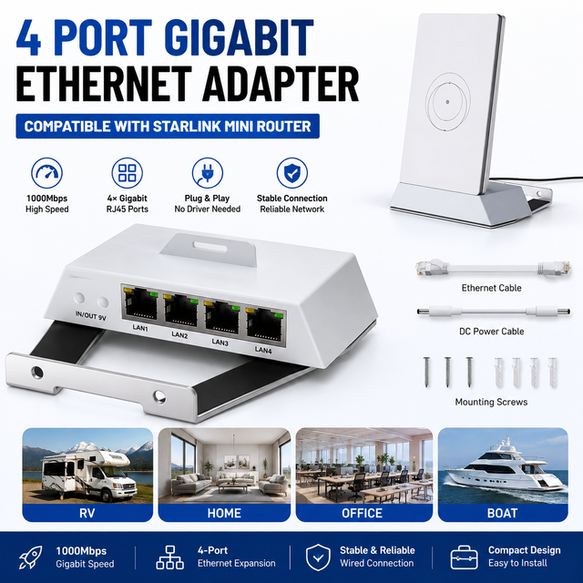 4 Port RJ45 Ethernet Expansion Adapter For Starlink Mini Router Gigabit LAN Network Hub Plug And Play For Home RV