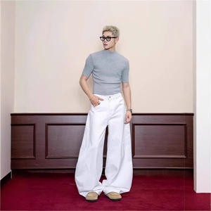 American Retro White Scimitar <b>Jeans</b> for Men High Street Niche Large Pocket Loose Harem Pants with High Waist - Product Image 2