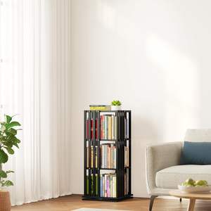 360 Rotating Bamboo Bookshelf Tower 4 Tier <b>Black</b> Bamboo Swivel Round Bookcase Vertical Spinning <b>Corner</b> Organizer - Product Image 1
