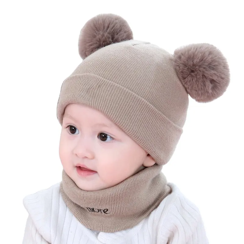 K031 חדש 2pcs יוניסקס ילד חמוד בימס כובע סט תינוק ילדים מוצק פס כובע וצעיף חורף חם חליפה סט לפעוטות ילד ילדה