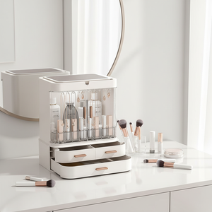 Organisateur de maquillage moderne multifonctionnel en plastique rectangulaire PS, anti-poussière, avec miroir et lumière, boîte de rangement cosmétique - Product Image 1
