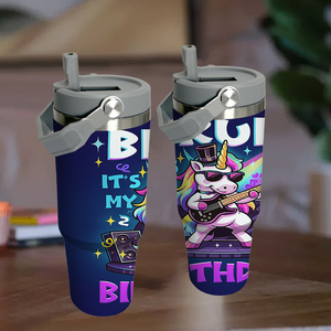 Vaso Térmico de Acero Inoxidable de 30oz, Ecológico y Duradero, con Diseño de Unicornio '<span class=keywords><strong>Es</strong></span> Mi Cumpleaños', Asa de Guitarra Rockstar, Taza de Viaje Divertida para Cumpleaños - Product Image 5