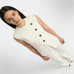 <span class=keywords><strong>Chaleco</strong></span> Elegante de Lino <span class=keywords><strong>con</strong></span> Rayas Color Marfil para <span class=keywords><strong>Mujer</strong></span>, Sin Mangas, <span class=keywords><strong>con</strong></span> Botones al Frente, Estilo Blazer, Ideal para Oficina, Verano - Product Image 1