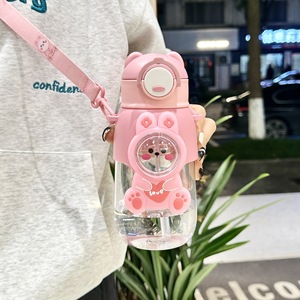 Bouteille d'eau portable en plastique avec paille pour enfants, motif ours de dessin animé mignon Yuyang, réutilisable pour l'école et les activités de plein air - Product Image 3