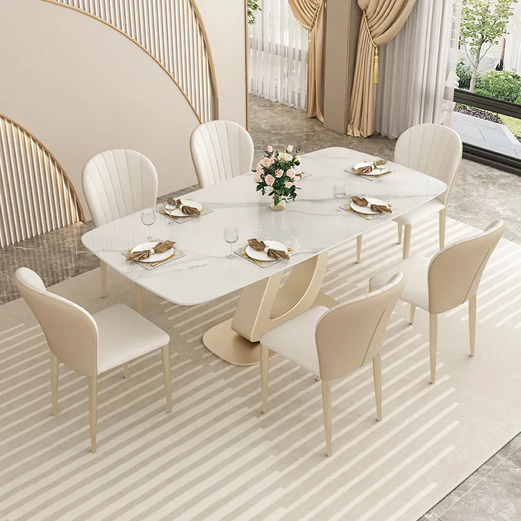 Tables de salle à manger Table de cuisine unique en pierre frittée Style arabe multi taille décorative 6 places meubles de maison blancs en métal