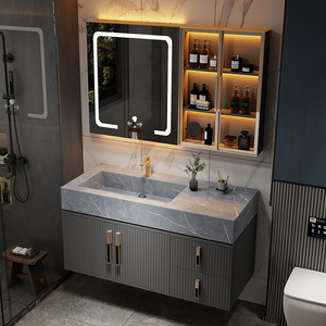 Tocador de baño moderno, mueble con efecto piedra blanca, personalizado, doble lavabo - Product Image 2