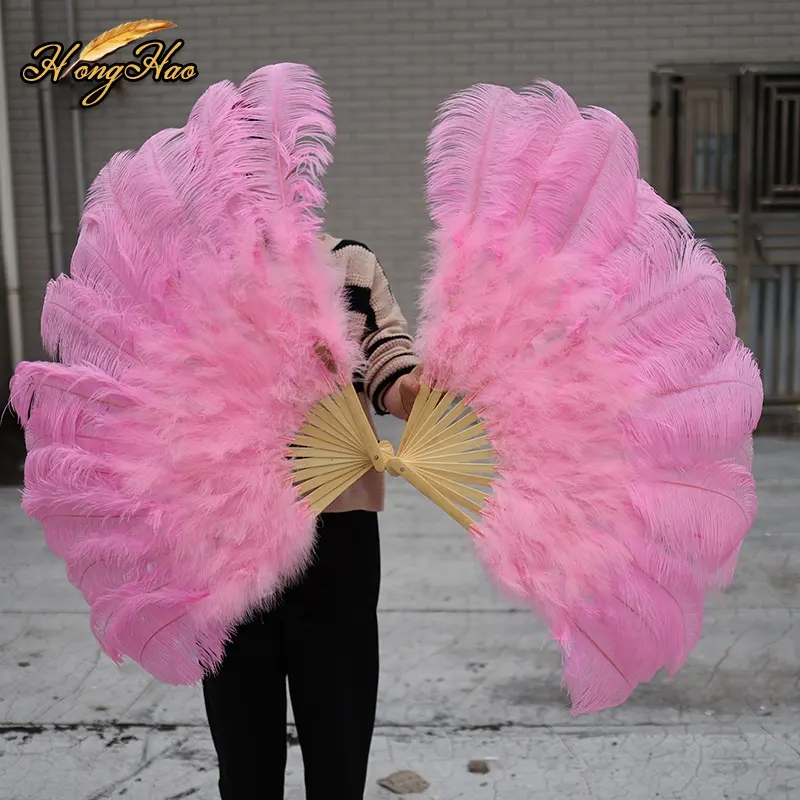 Bán buôn tùy chỉnh vừa màu hồng đà điểu lông Fan handmade nhuộm cho Carnival hiệu suất sân khấu trang trí