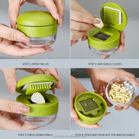 Mini Knoflookhakker en -pers met opvangbak, handmatige knoflookmolen, -knijper, -snijder, -hakselaar, handmatige knoflooksnijder, -dicer, -gereedschap