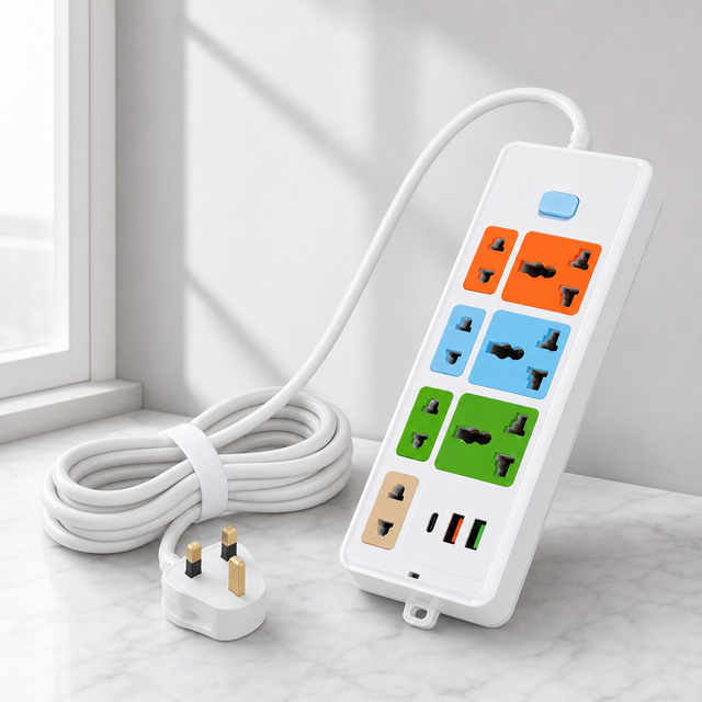 Universal Industrial Brass 10A 7-Gang Extension Socket Power Strip with 1 Type C Port 2 USB Multi Plug 2500W High Purity Copper