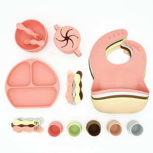 Bán Buôn BPA Free Bé Món Ăn Muỗng Đào Tạo Cup Bát Bộ Đồ Ăn Đặt Cơ Sở Hút Ẩn Toddler Tấm Silicone Bé Ăn Bộ - Product Image 5