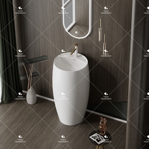 Chậu rửa mặt sứ cao cấp hình tròn, màu trắng, đặt sàn, làm thủ công, một khối - Product Image 1