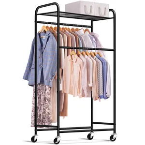 Modern Design Living Room Portable Closet Wardrobe Clothes Rack Heavy Duty Rolling Double Rod Long Clothing Racks