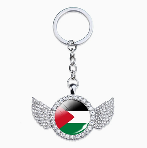 Porte-clés personnalisé avec drapeau national palestinien, entièrement orné de strass, ailes d'ange, pendentif décoratif pour sac à dos - Product Image 1