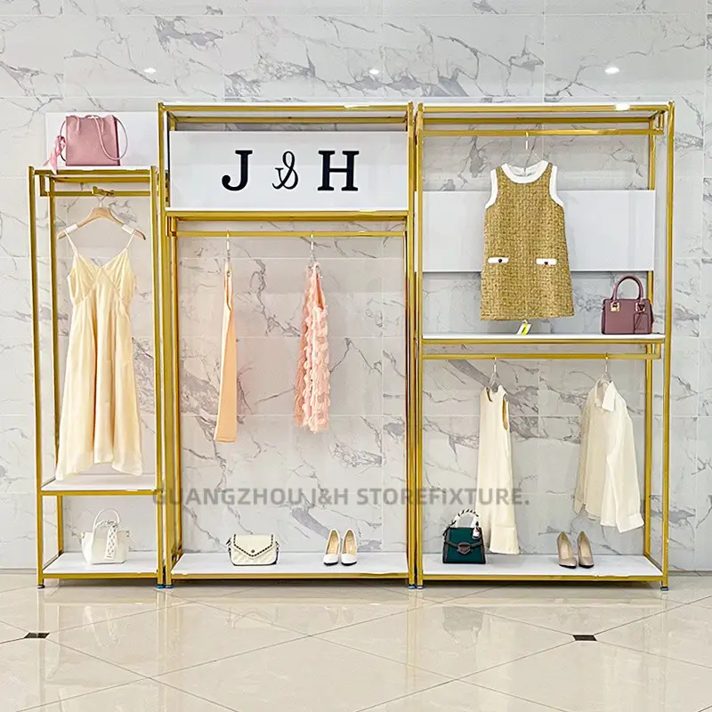 Fashion women clothes shop display rack custom logo design golden metal clothes hanging shelves stand