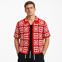 Benutzerdefiniertes LOGO Herren Häkelhemd Granny Square Weiße Knöpfe Kurzarm Ausbreitkragen Rot Sommer Polyester OEM & ODM Fabrik