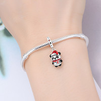 Pendentif en alliage de cuivre plaqué argent avec motif panda et pierre CZ, détail en émail rouge - Cadeau de Noël pour hommes, femmes et enfants