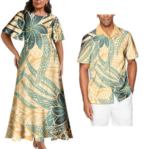 Conjunto de parejas tribales con patrón tribal polinesio a la moda, 2 uds., vestido de mujer para hombre y camisa hawaiana, conjuntos de pareja con diseño de Tapa samoana - Product Image 5
