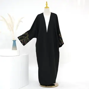 Loriya 2024 Linen Open Abaya with Floral Embroidery Women's Dresses Islamic Clothing Muslim Black Abaya