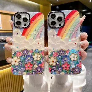 2024 Deluxe Blue Wave Rainbow Flower Fashion Phone Case 14 15 Pro Max 13 Pro 12 Bead Hand Cord 11 Soft Case 15 For IPhone