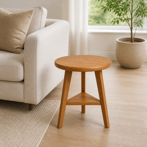 Tabouret rond en teck écologique, grain naturel, design rustique moderne, haute qualité, durable, artisanal, tabouret de salon - Product Image 3
