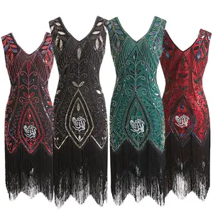 Great Gatsby Vintage Women 1920s Flapper Dresses Fringed Sequin Embellished Party Dress Costume Art Deco V Neck FlapperDress XXL