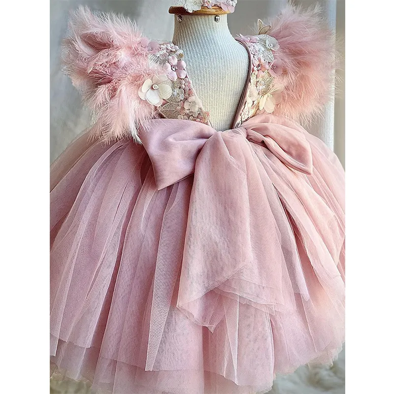 Mais recente design princesa babados menina lindo vestido luxo bola vestido flor menina vestido