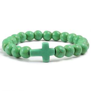 Bracelet extensible en pierres semi-précieuses de 8 mm, turquoise, avec croix en perles, pour homme, idéal pour un cadeau (vente en gros) - Product Image 2