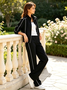 Women Contrast Piping <b>Zip</b> <b>Up</b> Tracksuit Set Trendy Streetwear Loose Fit Jacket Wide Leg Pants Two‑Piece Outfit For Daily Wear - Product Image 2