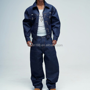 Completo di <span class=keywords><strong>Jeans</strong></span> da Uomo Personalizzato alla Moda di Alta Qualità, Set in Denim Unisex con Giacca e Pantaloni Oversize Grammatura Pesante 14 Oz - Product Image 2