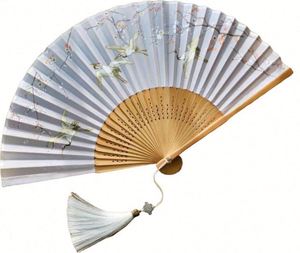 Prix direct usine Éventail pliant en bambou durable peint à la main en tissu de soie, style art populaire chinois, thème Amour, Saint-Valentin, Hunan - Product Image 2