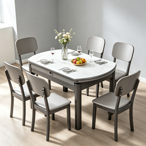 Ensemble de table à manger ovale moderne en pierre frittée avec 6 chaises, design extensible, minimaliste, durable pour la salle à manger à domicile - Product Image 3