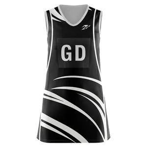 OEM grosir sublimasi desain gadis netball seragam kualitas tinggi kustom hitam dibuat netball Gaun