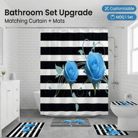 Ensemble de rideaux de douche personnalisés bleus à motifs floraux, modernes et luxueux, à rayures noires et blanches, imperméables et écologiques, pour salle de bain, vente en gros